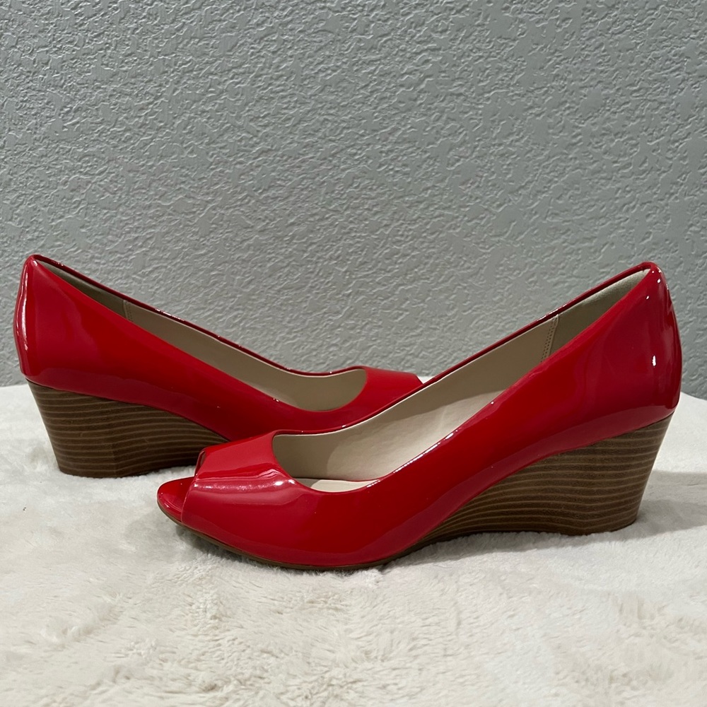 Cole Haan Red Patent Peep-Toe Wedge Pumps - Picture 4 of 8